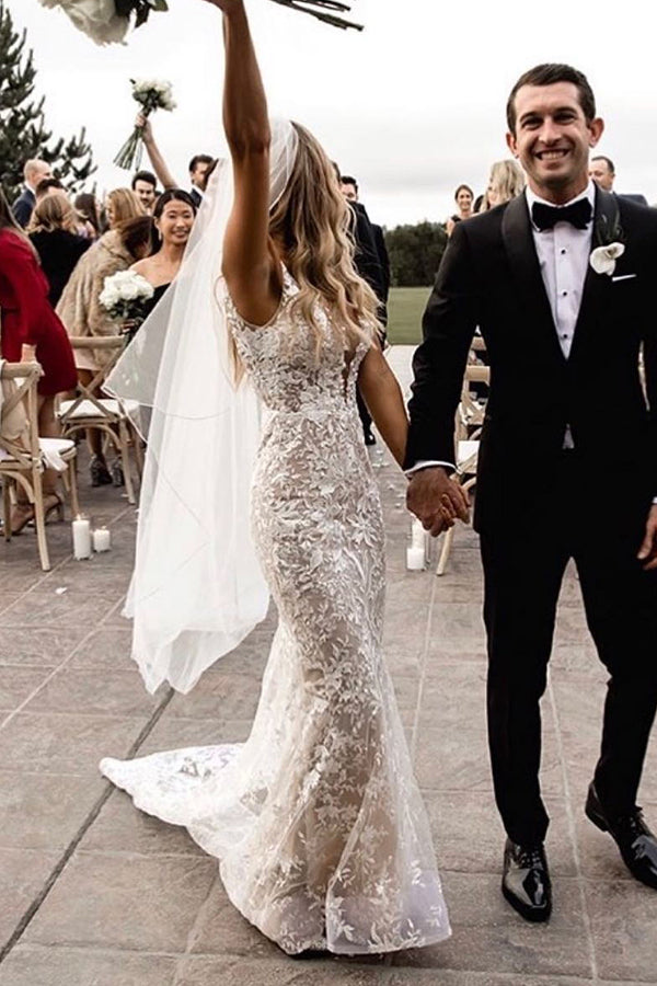 Bmbride Mermaid Spaghetti Straps Lace V-neck Jewel Wedding Dress