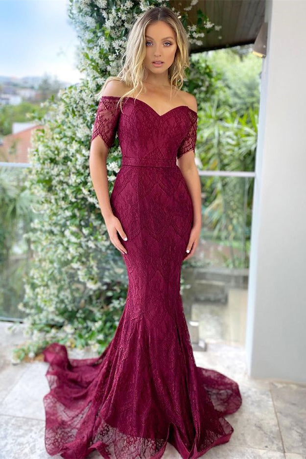 Off-The-Shoulder Short Sleeves Mermaid Prom Dress in Burgundy with Applique