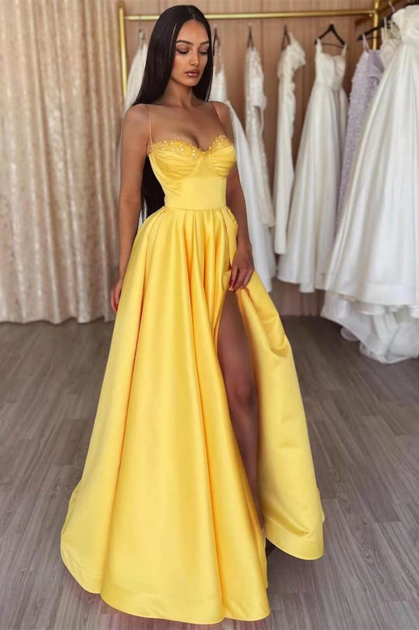 Yellow Spaghetti-Straps Evening Dress A-Line With Split