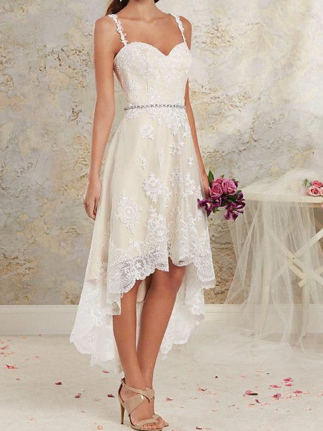 Bmbride Plus Size A-Line Wedding Dress with Spaghetti Straps and Asymmetrical Lace Tulle Design