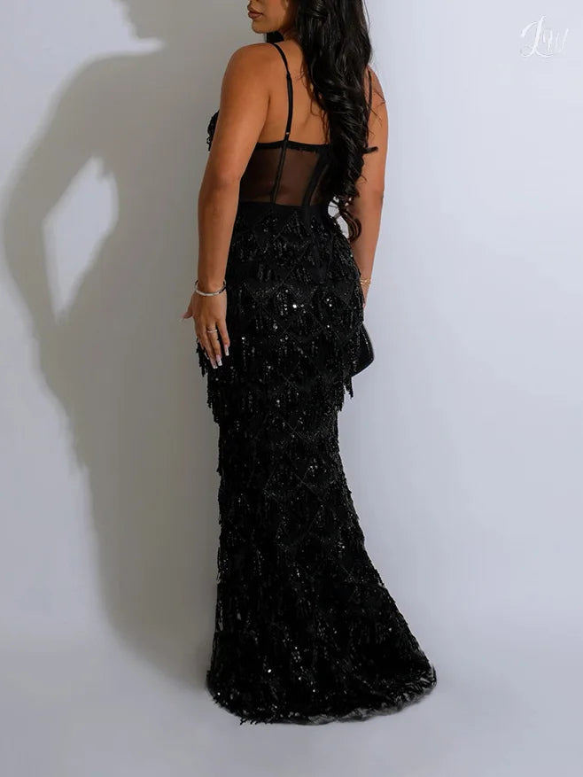 Long Black Sequin Prom Dress Sleeveless V-Neck Evening Gowns
