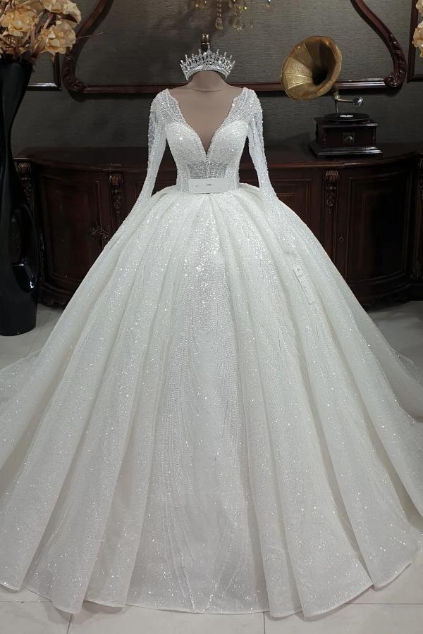 Bmbride Elegant Long Ball Gown V-neck Glitter Sequins Wedding Dresses with Sleeves