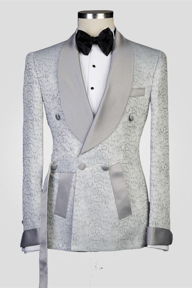 Koscy Braiden Silver Shawl Lapel Double-Breasted Jacquard Wedding Suit