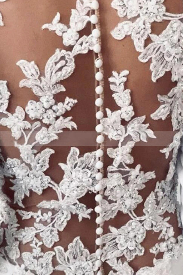 Bmbride Simple Long Sleeve Illusion Lace Back Sheath Wedding Dress