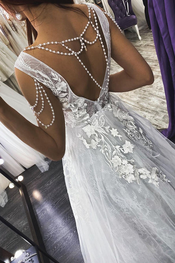 Bmbride Straps V-neck Appliques Pearls A-line Backless Wedding Dress