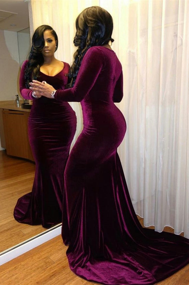 Evening Mermaid Prom Dress - Purple - Long Sleeves