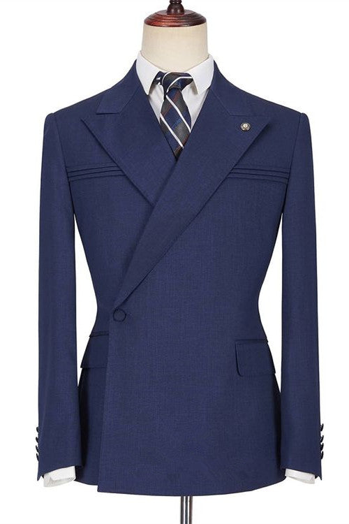 Koscy Popular Dark Navy Homecoming Evening Suit with Peaked Lapel and Ruffles