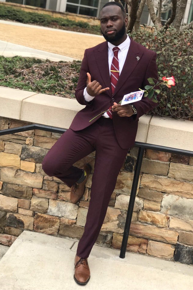 Koscy Stylish Dark Burgundy One-Button Prince Suit with Peaked Lapel for Prom
