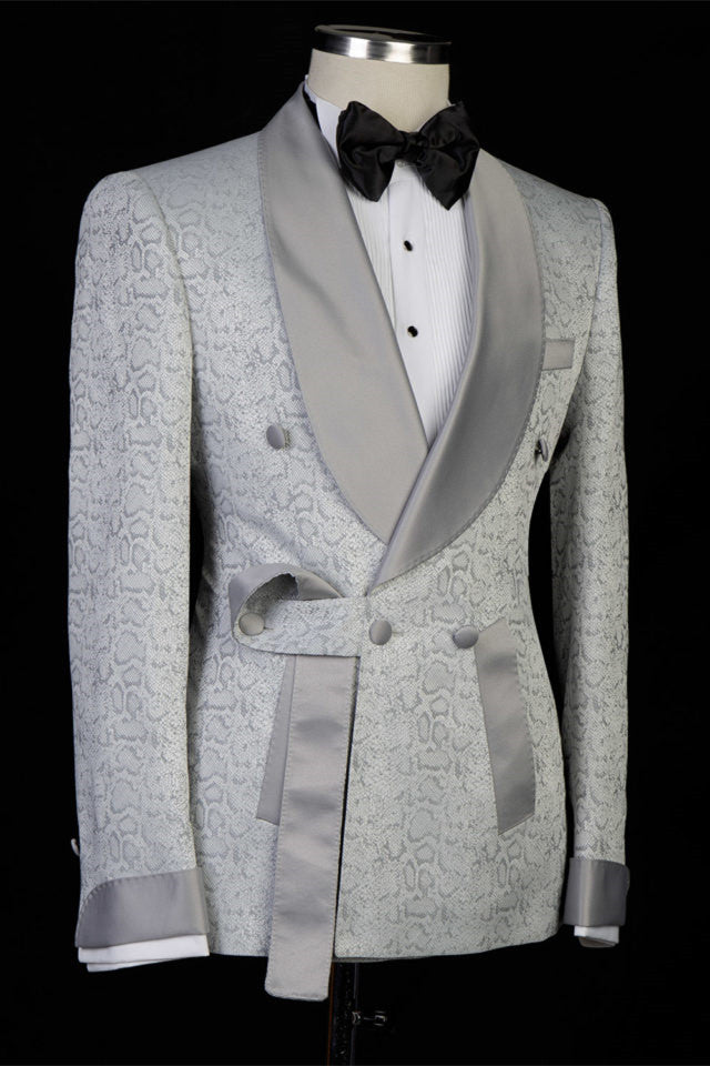 Koscy Braiden Silver Shawl Lapel Double-Breasted Jacquard Wedding Suit