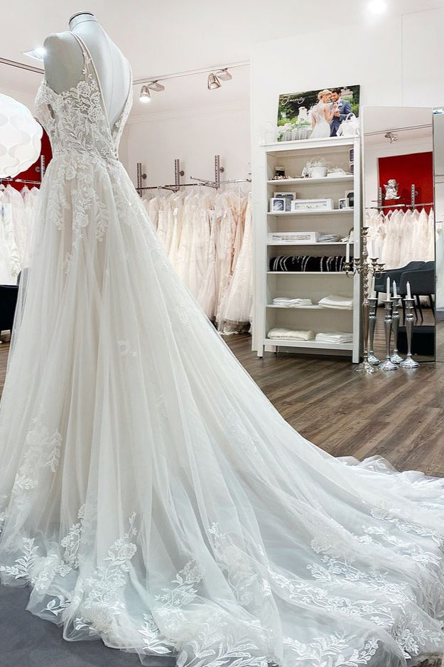 Bmbride Elegant Long A-Line V-Neck Tulle Spaghetti Straps Lace Bridal Gown