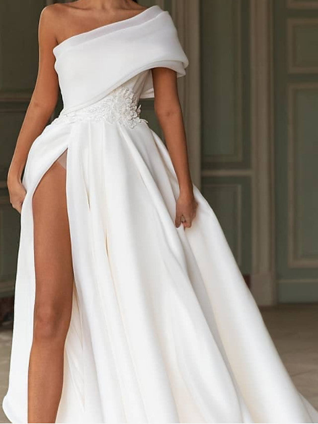 Bmbride A-Line One Shoulder Chiffon Over Satin Short Sleeve Sweep \ Brush Train Modern Wedding Dresses