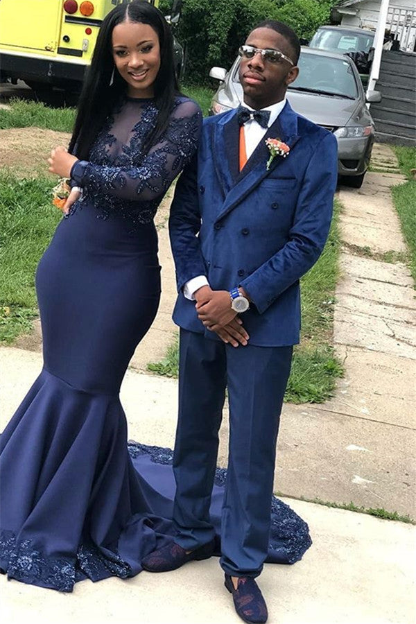 Koscy Double Breasted Navy Blue Prom Outfit - Velvet, Peaked Lapel
