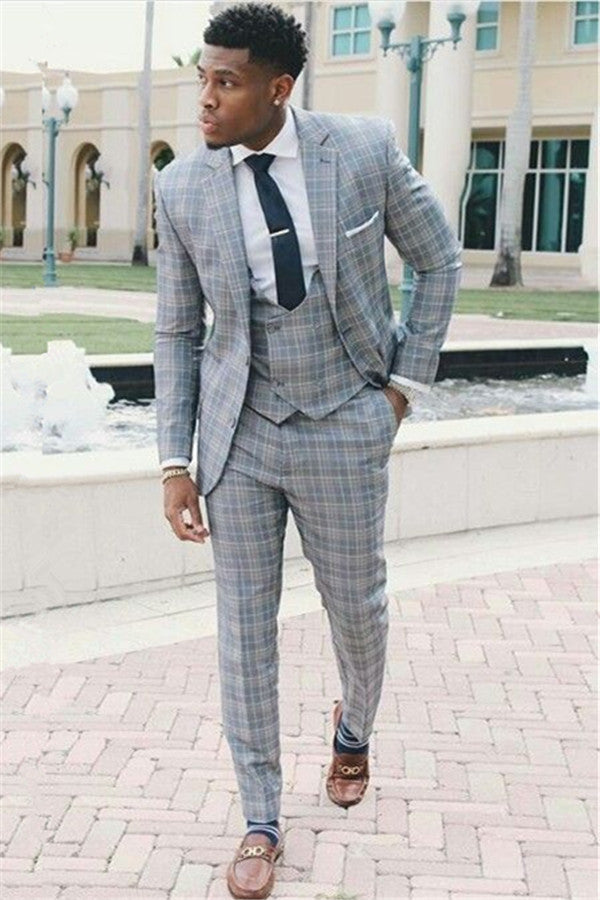 Koscy Grid Western Wedding Suits - Three Piece with Notch Lapel for Wedding, New Arrivals