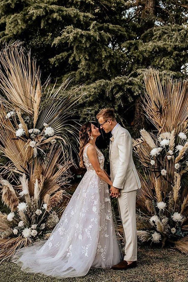 Bmbride BC5797 Straps V-neck Appliques A-line Boho Wedding Dress