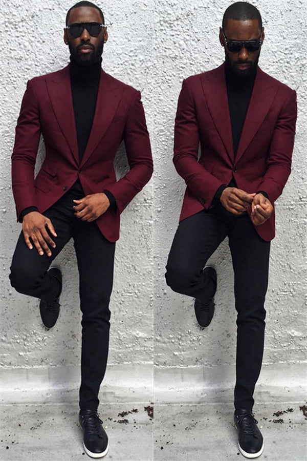 Koscy Elegant Burgundy Classic Prom Suit with Peaked Lapel for Guys