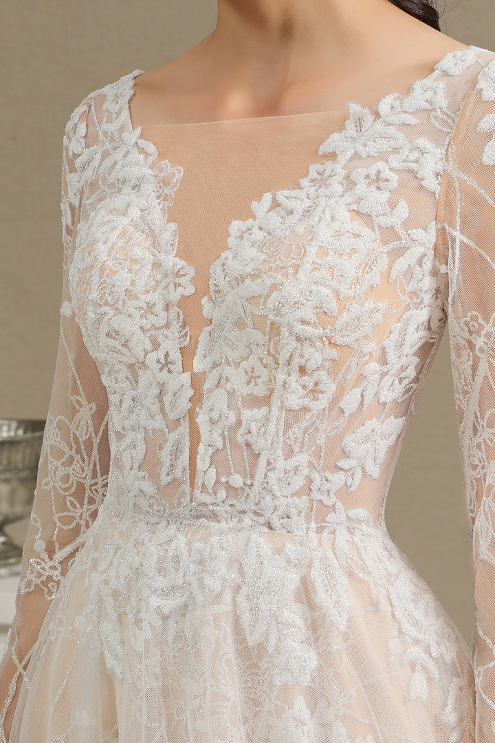 Bmbride Sheer Tulle Long Sleeve A-line Illusion Lace Wedding Dress - CPH230
