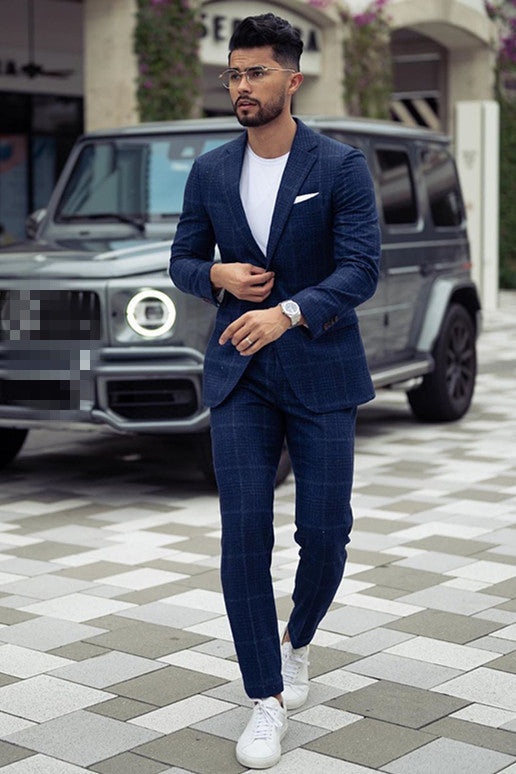 Koscy Fashionable Dark Navy Prince Suit for Groom with Plaid Notched Lapel