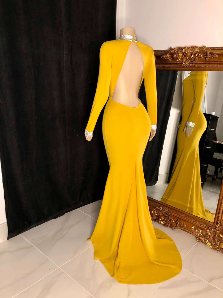 Red Long Sleeve Open Back Mermaid Prom Dress