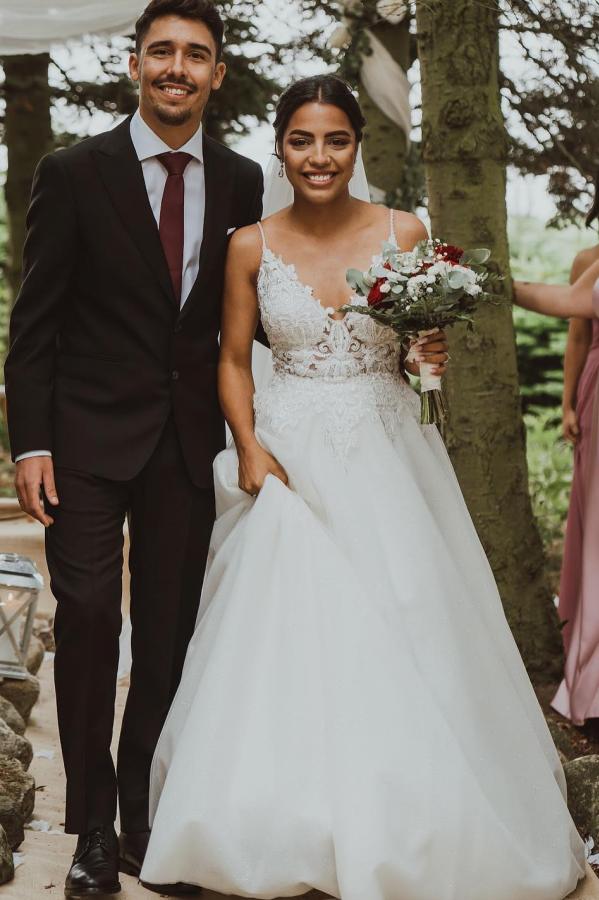 Bmbride Long A-line V-neck Spaghetti Straps Tulle Lace Backless Wedding Dress