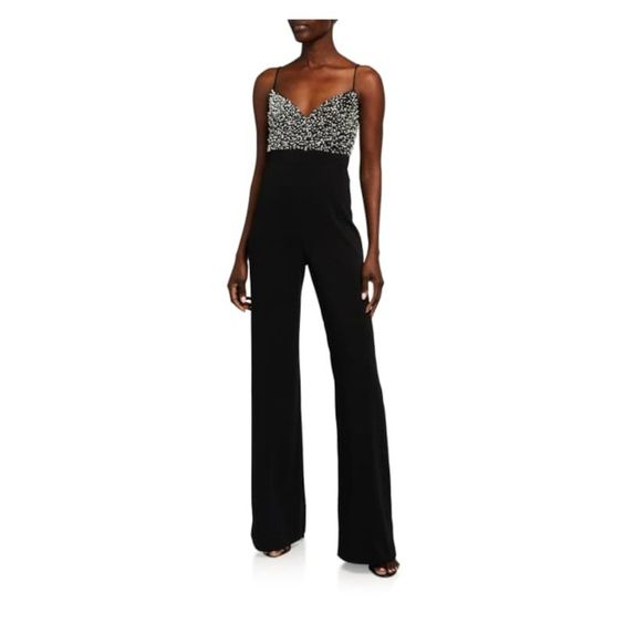 Koscy Black Spaghetti-Straps Beaded Long Women's Party Jump Suit