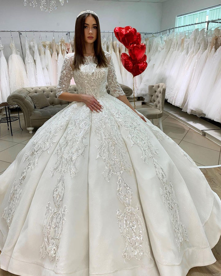 Bmbride Princess Wedding Dress: Elegant Bateau Neckline Long Sleeves Lace Appliques Floor-length Satin