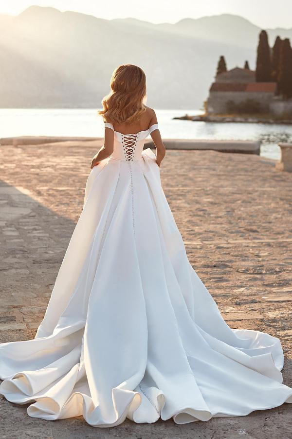 Bmbride A-line Off the Shoulder Ruched Satin Wedding Dress with Crystals