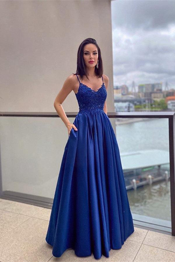 Royal Blue Prom Dress with Lace Appliques and Pockets