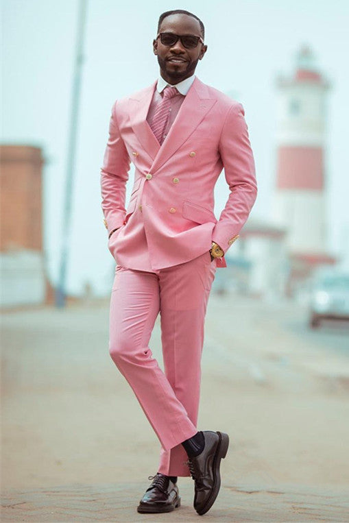 Koscy Pink Double-Breasted Western Suit with Peaked Lapel for Wedding
