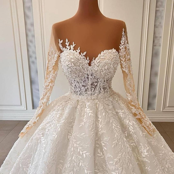 Bmbride Long Ball Gown Wedding Dresses with Sleeves featuring a Sweetheart Floral Pattern