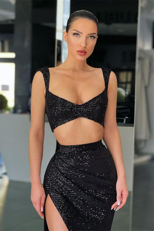 Mermaid Prom Dress with Sequins Black Two Pieces Split Straps