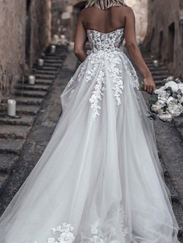 Bmbride Sweep \ Brush Train Lace Tulle Sleeveless Sexy A-Line Wedding Dresses Strapless
