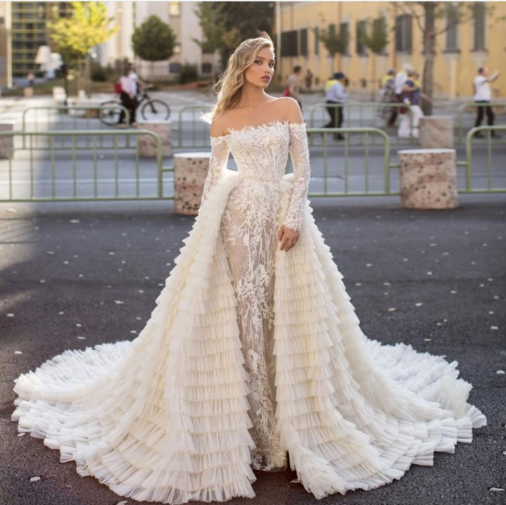 Bmbride Off the Shoulder Long Sleeves Mermaid Wedding Dress With Train