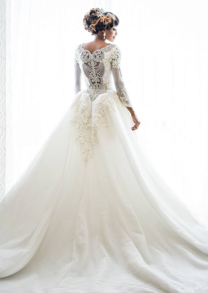 Bmbride Long Sleeve Mermaid Wedding Dresses with Lace Appliques and Overskirt