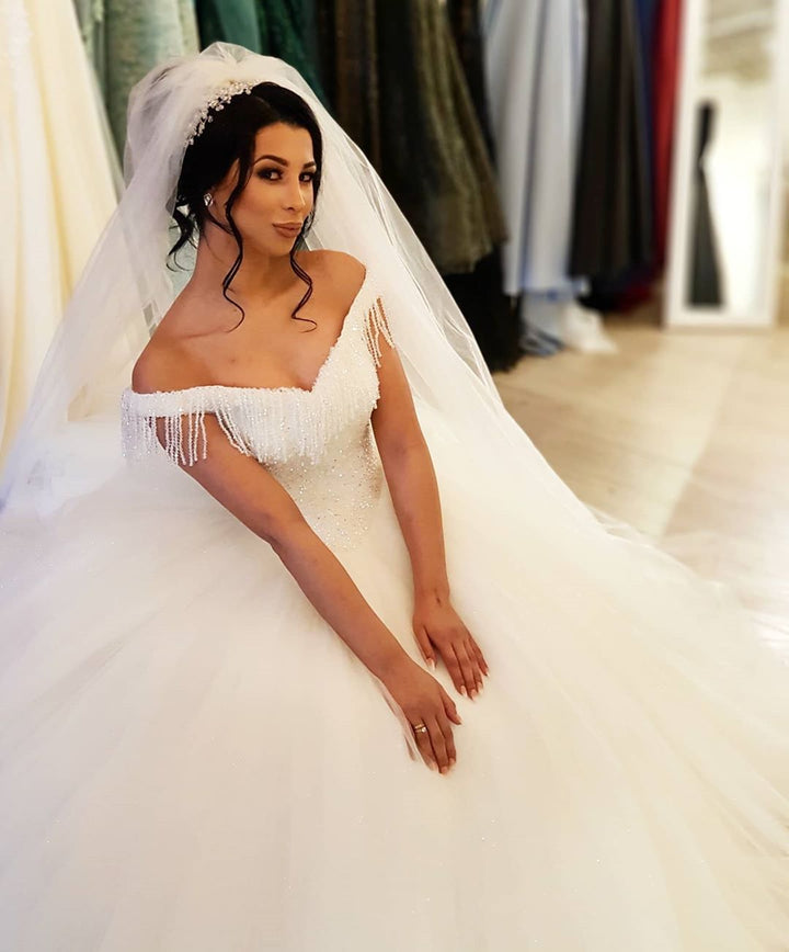 Bmbride Off-the-shoulder Beading Backless Tulle Floor-length Princess Wedding Dress With Tassel