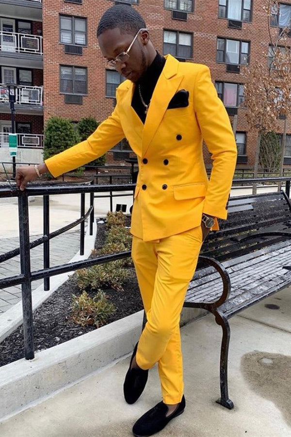 Koscy New Arrival Double-Breasted Yellow Wedding Suit with Peaked Lapel for Groom
