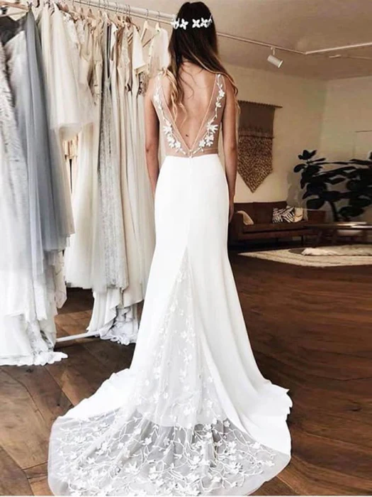 Classy V-neck Lace Backless Mermaid Wedding Gown