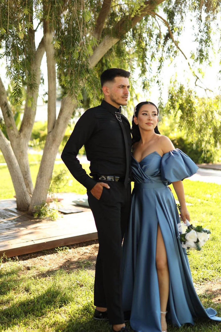 Off-The-Shoulder Puff Sleeves Evening Dress With Front Split in Dusty Blue