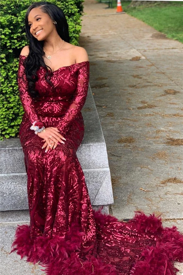 Burgundy Mermaid Prom Dress with Long Sleeves Sequins and Feather