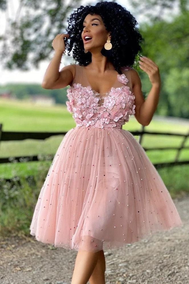 Koscy A-Line Beaded Tulle Homecoming Dress with Flowers
