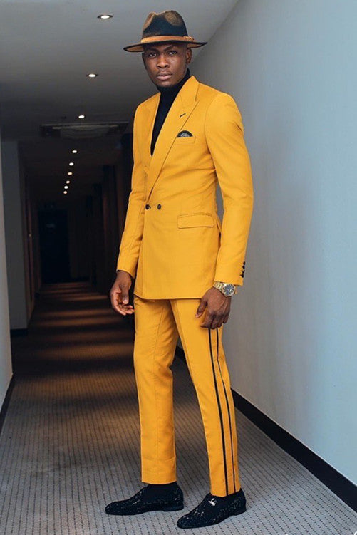 Koscy Double-Breasted Yellow Bespoke Business Suit with Peaked Lapel
