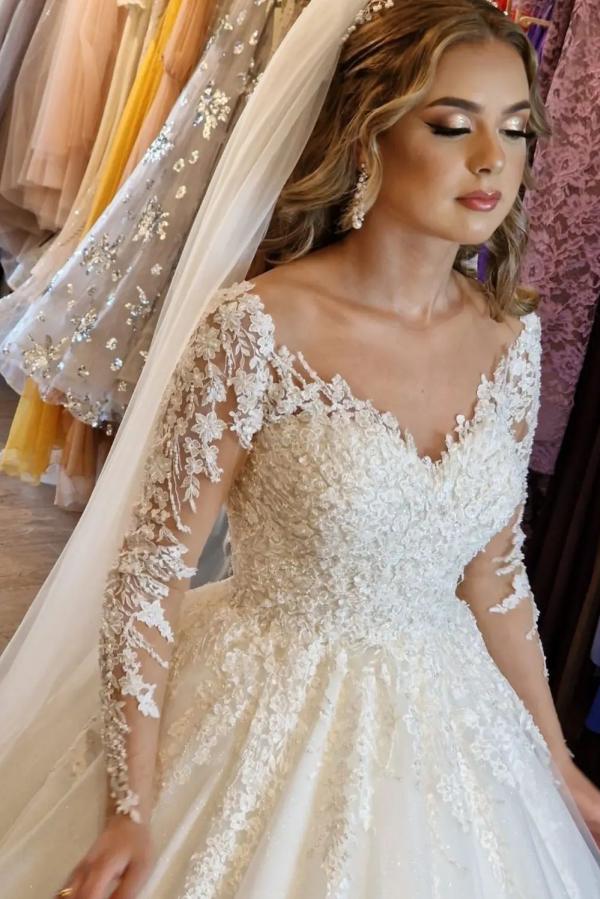 Bmbride White A-line V-neck Lace Wedding Dress with Long Sleeves
