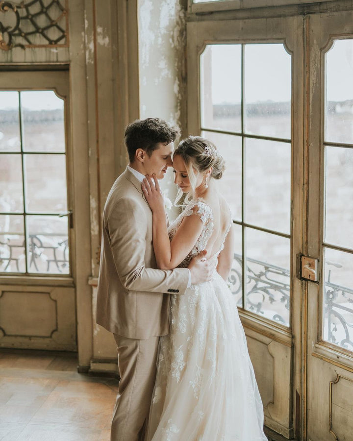 Bmbride Long A-line Boho Wedding Dress with Tulle and Lace Appliques