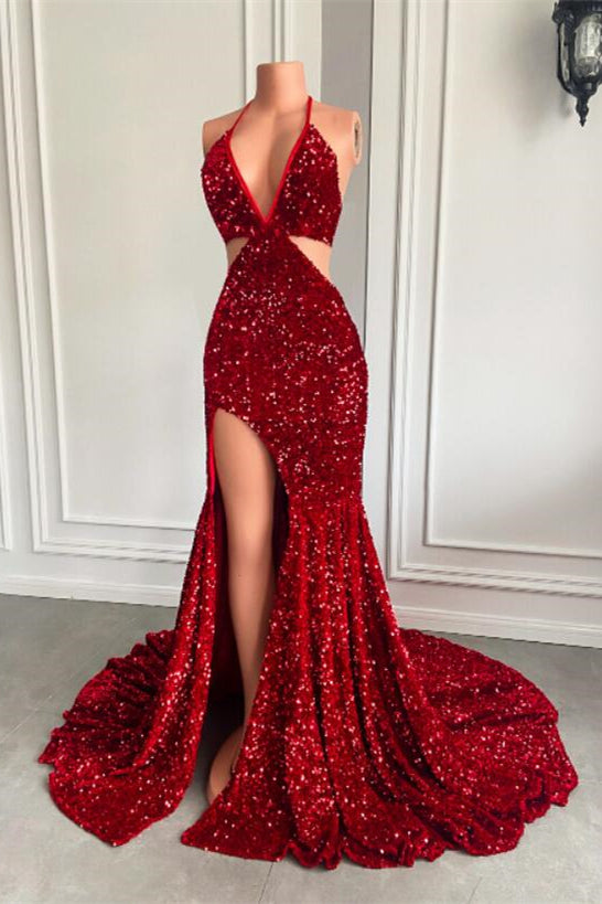 Halter Sequins Mermaid Prom Dress With Split - Wine Red