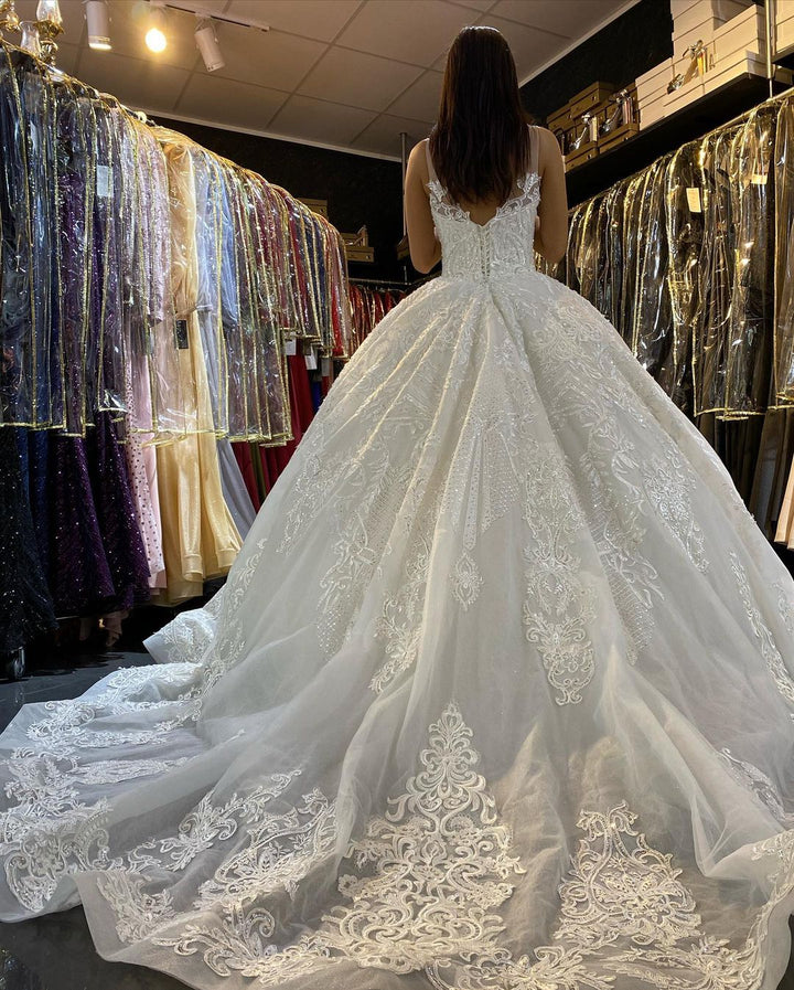 Bmbride Princess V-neck Appliques Lace Backless Floor-length Train Wedding Dress