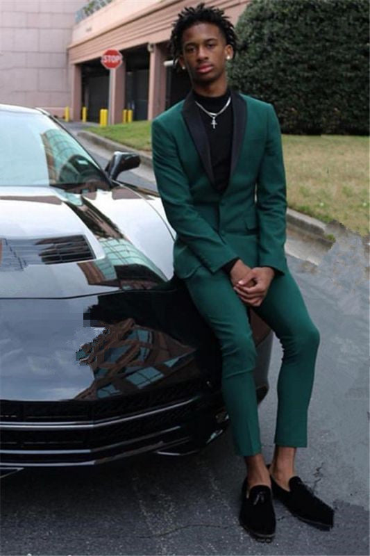 Koscy New Arrival Dark Green Wedding Suit for Groom and Groomsmen with Black Shawl Lapel