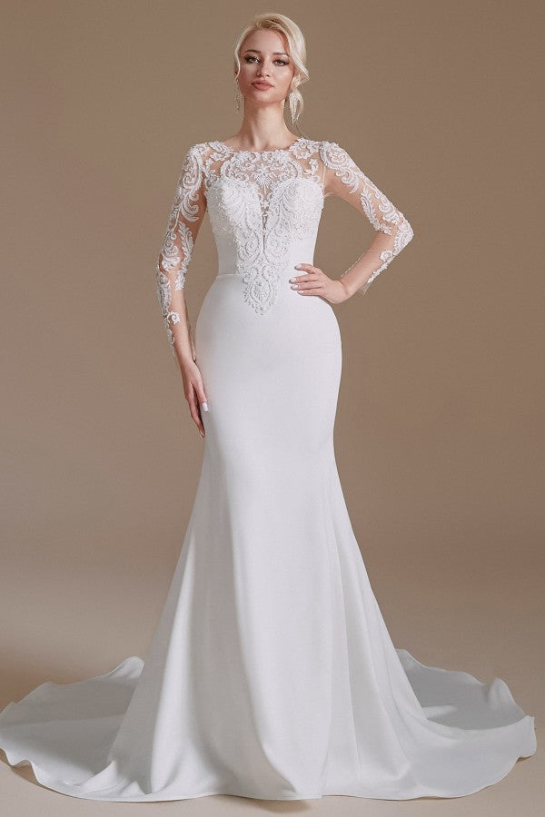 Bmbride Long Elegant Mermaid Wedding Dress with Jewel Satin Lace Sleeves