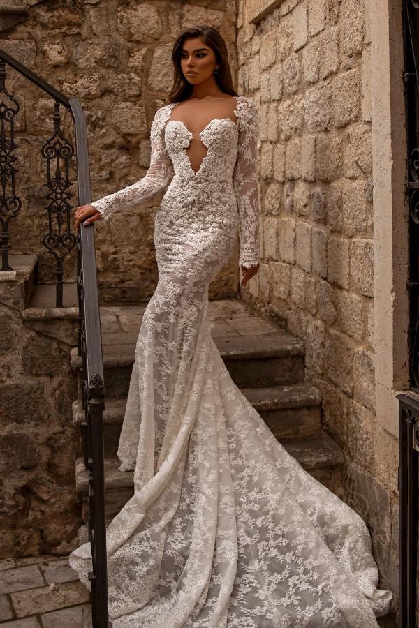 Bmbride Long Mermaid Sweetheart Tulle Lace Backless Wedding Dresses with Sleeves