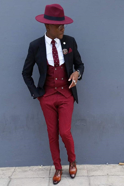Koscy Shining Three-Piece Slim Fit Striped Wedding Suit for Groom and Groomsmen