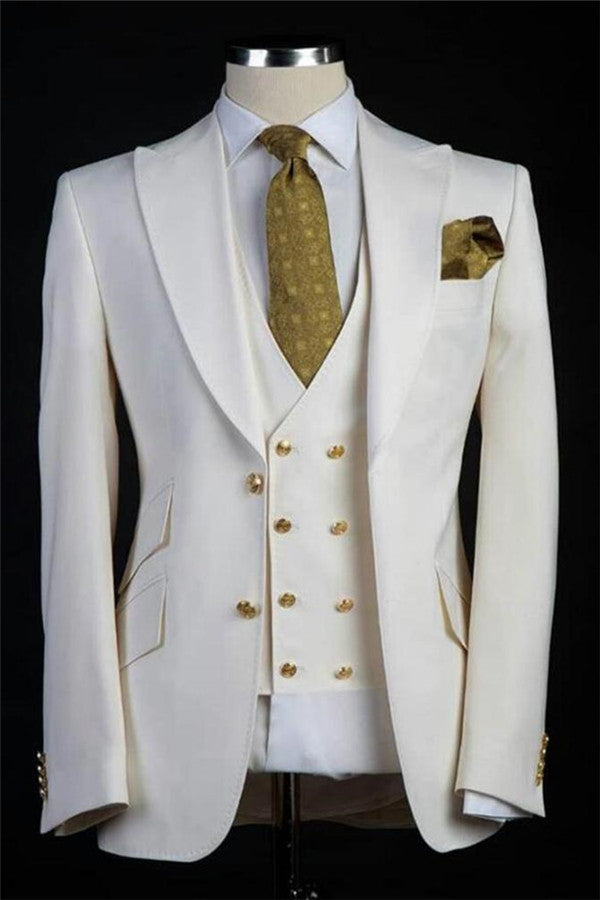 Koscy Popular Three-Piece White Wedding Suit with Gold Buttons for Men's Events