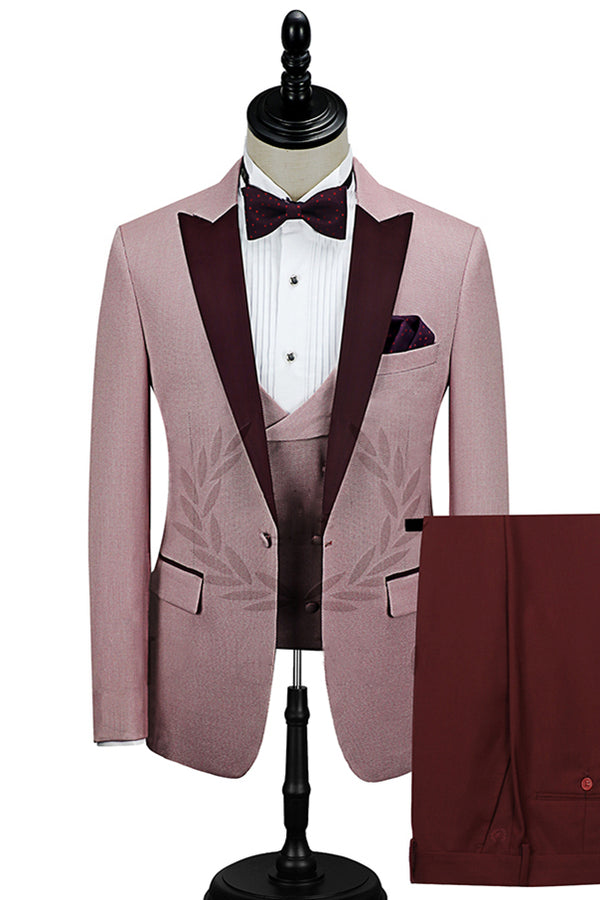 Koscy Popular Burgundy Evening Suit with Peak Lapel and Pink One Button
